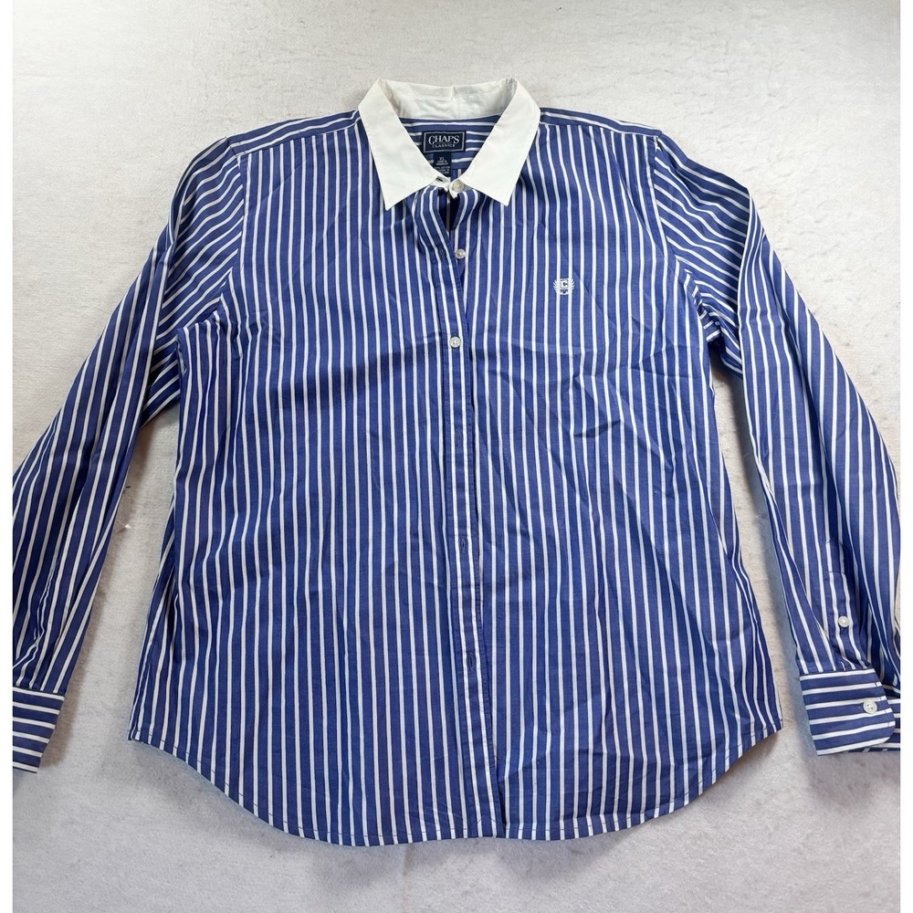 CHAPS Blue White Striped L/S Button Up Blouse Shirt White Collar Size XL Logo